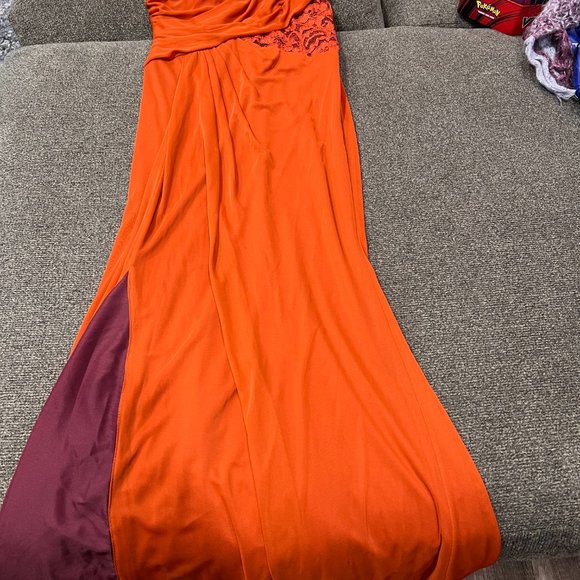 David's Bridal Burnt Orange and Purple One Shoulder Strap Dress - Picture 2 of 4